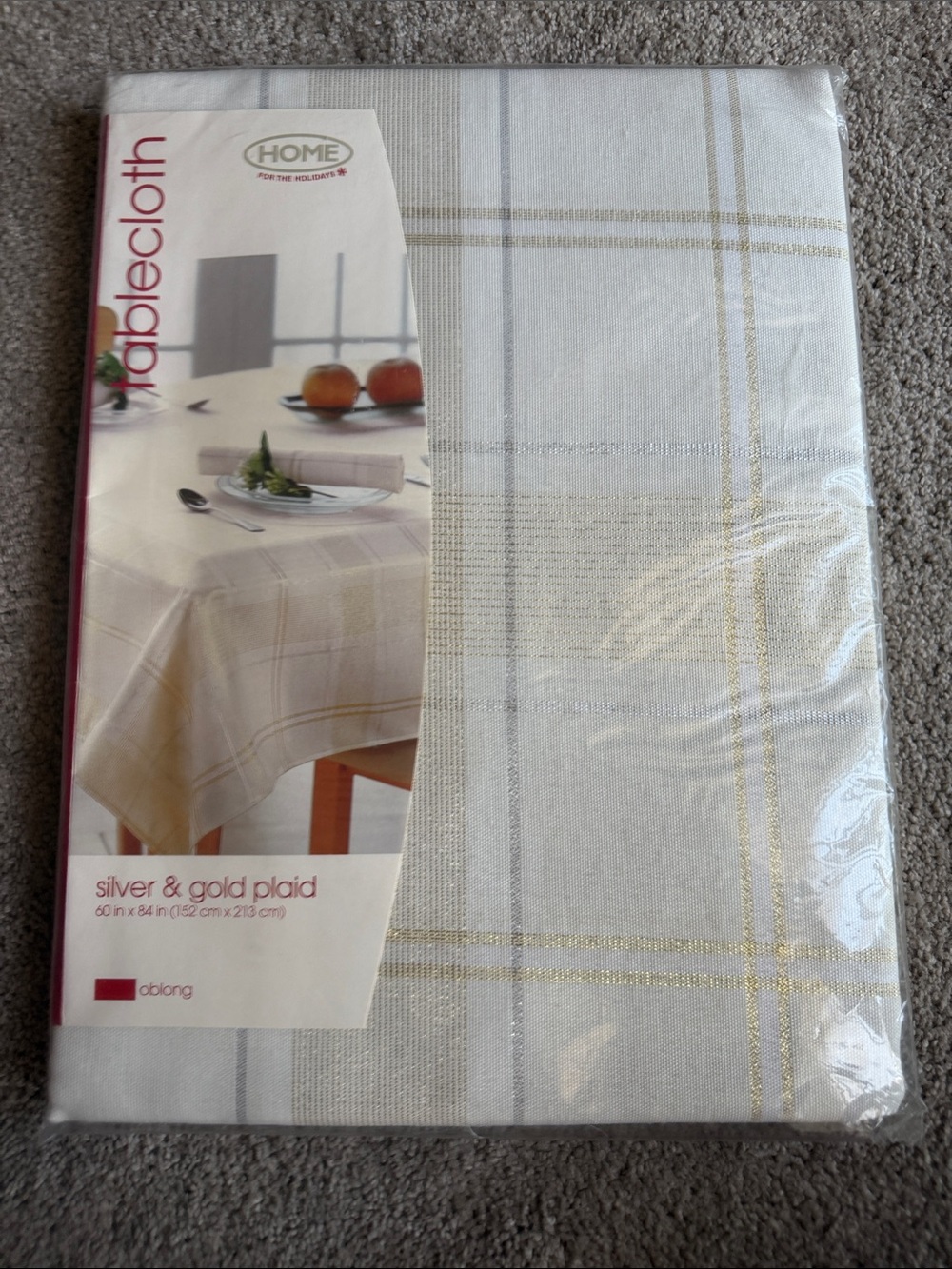 Vintage HOME for the holidays Silver & Gold Plaid Tablecloth-Oblong 60x84